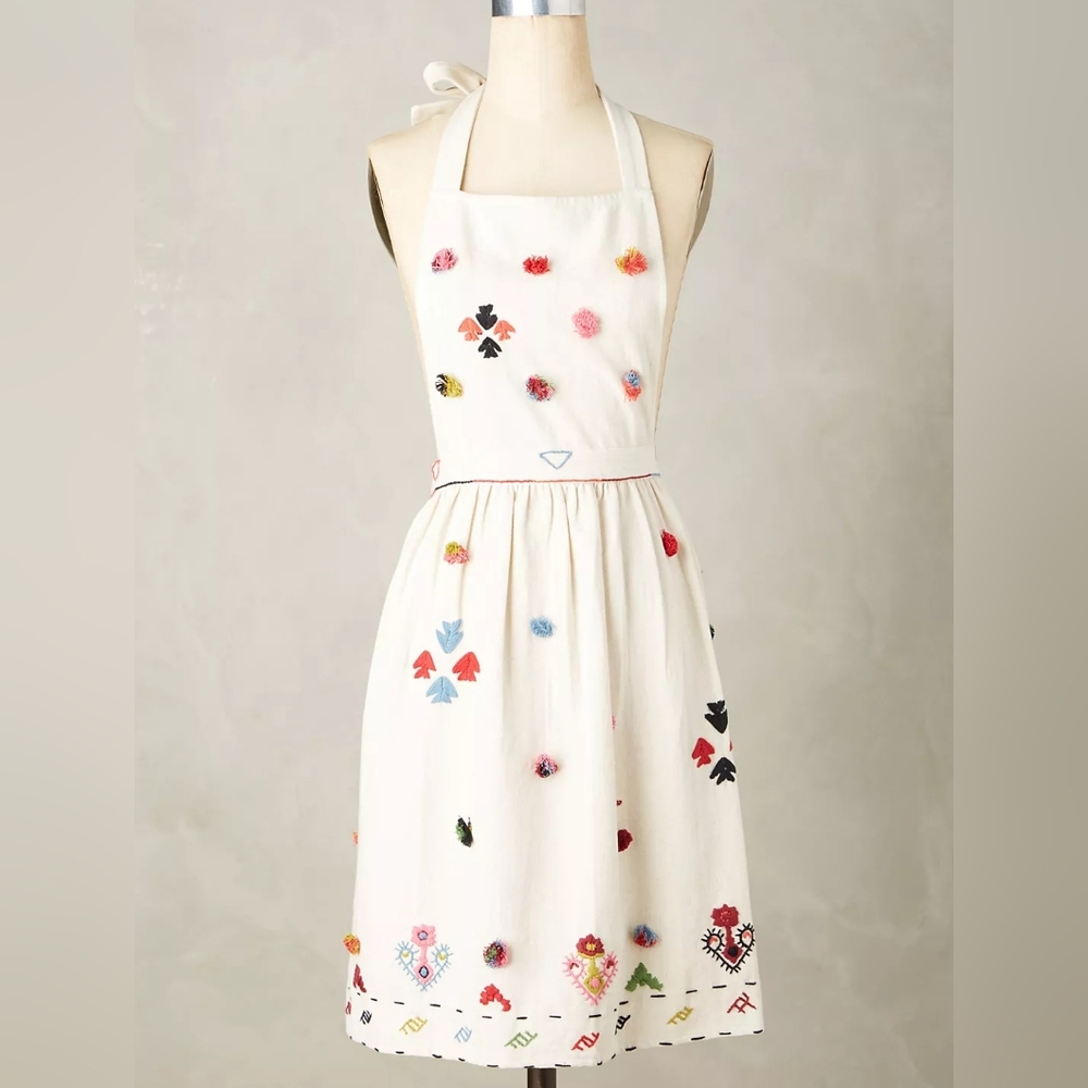 Anthropologie Cream Apron with Colorful Puff Embroidery